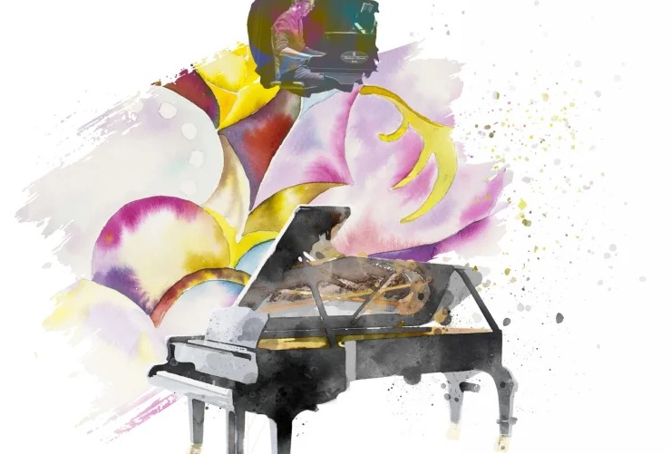 Illustrazione con immagine di Emiliano Toso, pianoforte